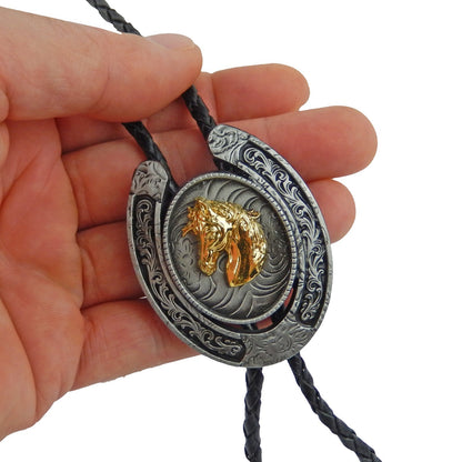 Western Floral Horseshoe Horse Head Bolo Tie 40 inch Black Cord Antique Silver