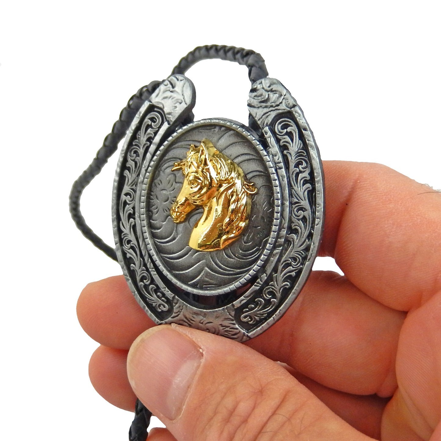 Western Floral Horseshoe Horse Head Bolo Tie 40 inch Black Cord Antique Silver