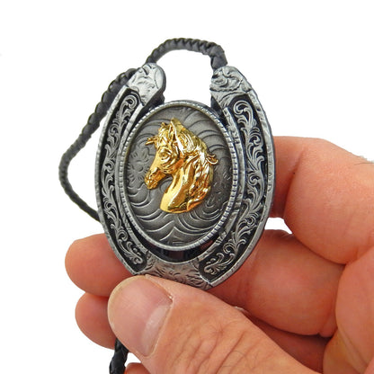 Western Floral Horseshoe Horse Head Bolo Tie 40 inch Black Cord Antique Silver