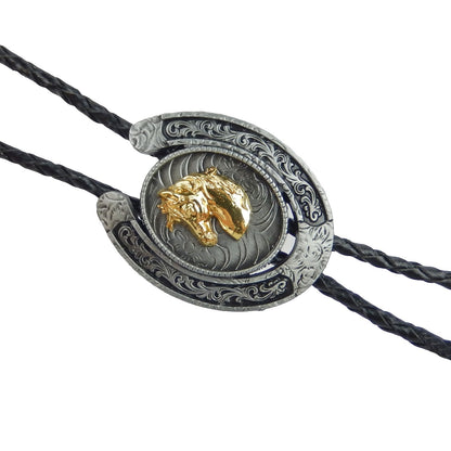 Western Floral Horseshoe Horse Head Bolo Tie 40 inch Black Cord Antique Silver
