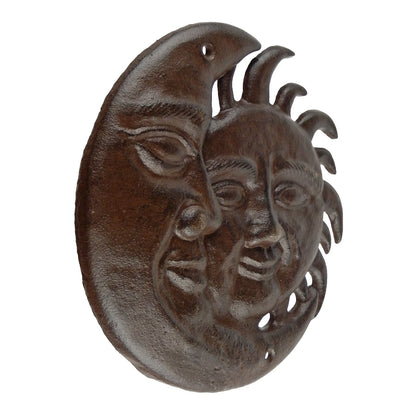 Metal Cast Iron Sun & Moon Face Wall Decor Plaque Antique Brown Patina 7.5 inch