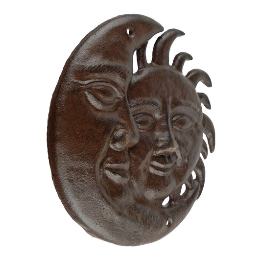 Metal Cast Iron Sun & Moon Face Wall Decor Plaque Antique Brown Patina 7.5 inch