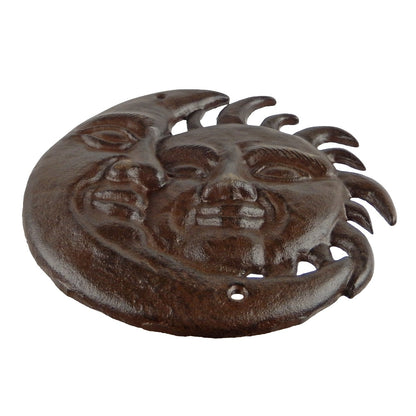 Metal Cast Iron Sun & Moon Face Wall Decor Plaque Antique Brown Patina 7.5 inch