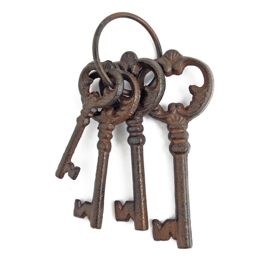 Metal Cast Iron Decorative Jailer's Skeleton 4 Keys On Ring Rustic Antique Style