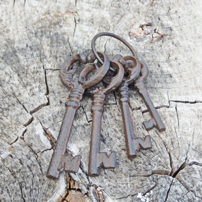Metal Cast Iron Decorative Jailer's Skeleton 4 Keys On Ring Rustic Antique Style