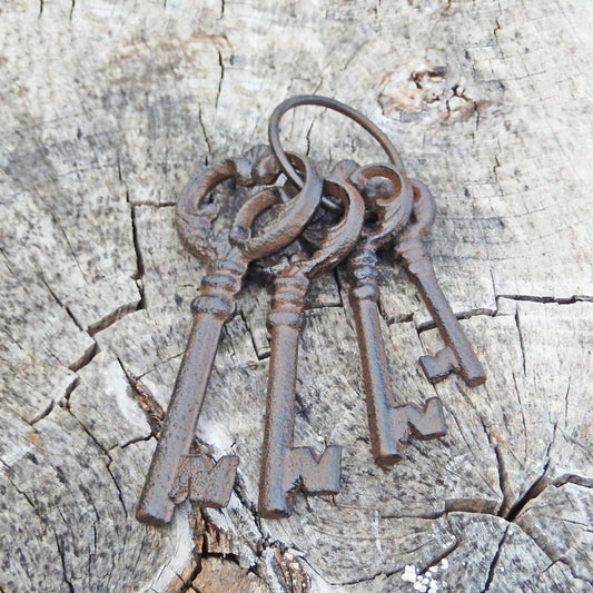 Metal Cast Iron Decorative Jailer's Skeleton 4 Keys On Ring Rustic Antique Style