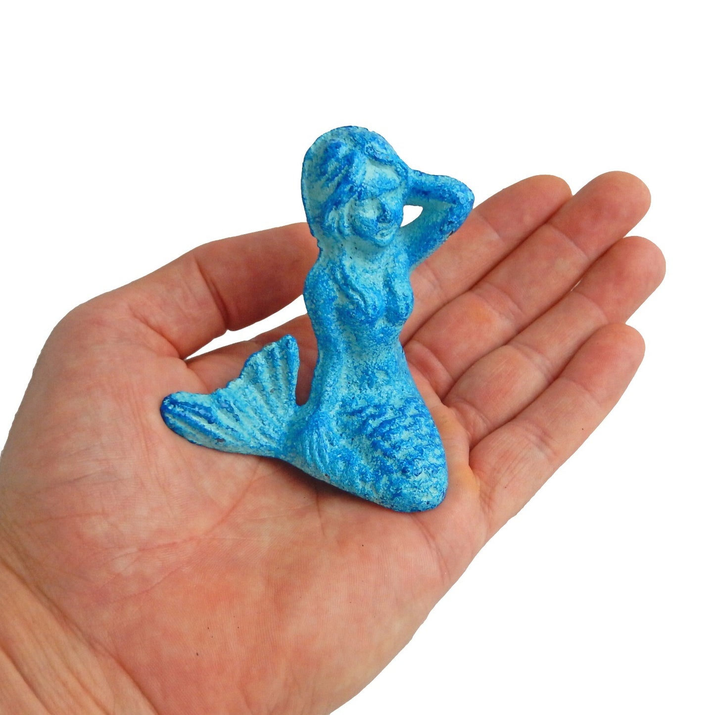 Tiny Cast Iron Mermaid Figurine Shelf Sitter Paperweight Nautical Sea Blue Color