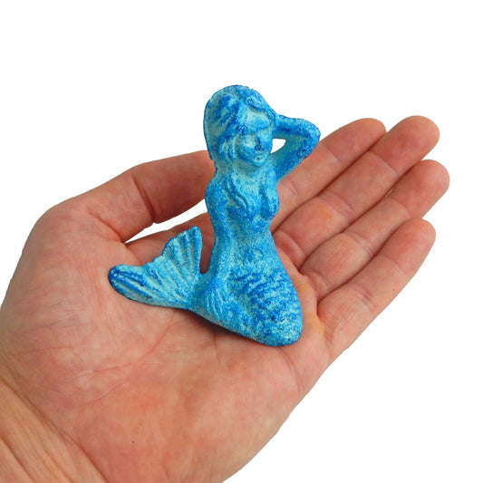 Tiny Cast Iron Mermaid Figurine Shelf Sitter Paperweight Nautical Sea Blue Color