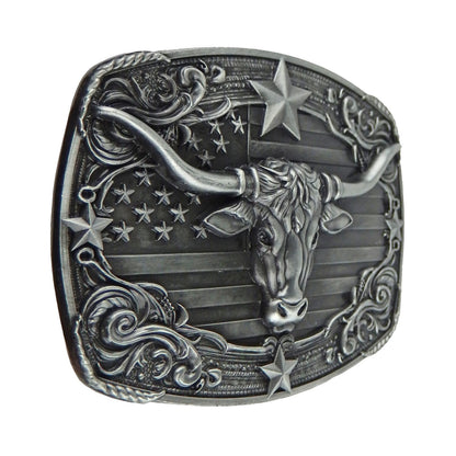 American Flag Longhorn Steer Star Belt Buckle Antique Silver Fits 1.5 inch Belts