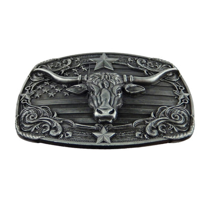 American Flag Longhorn Steer Star Belt Buckle Antique Silver Fits 1.5 inch Belts