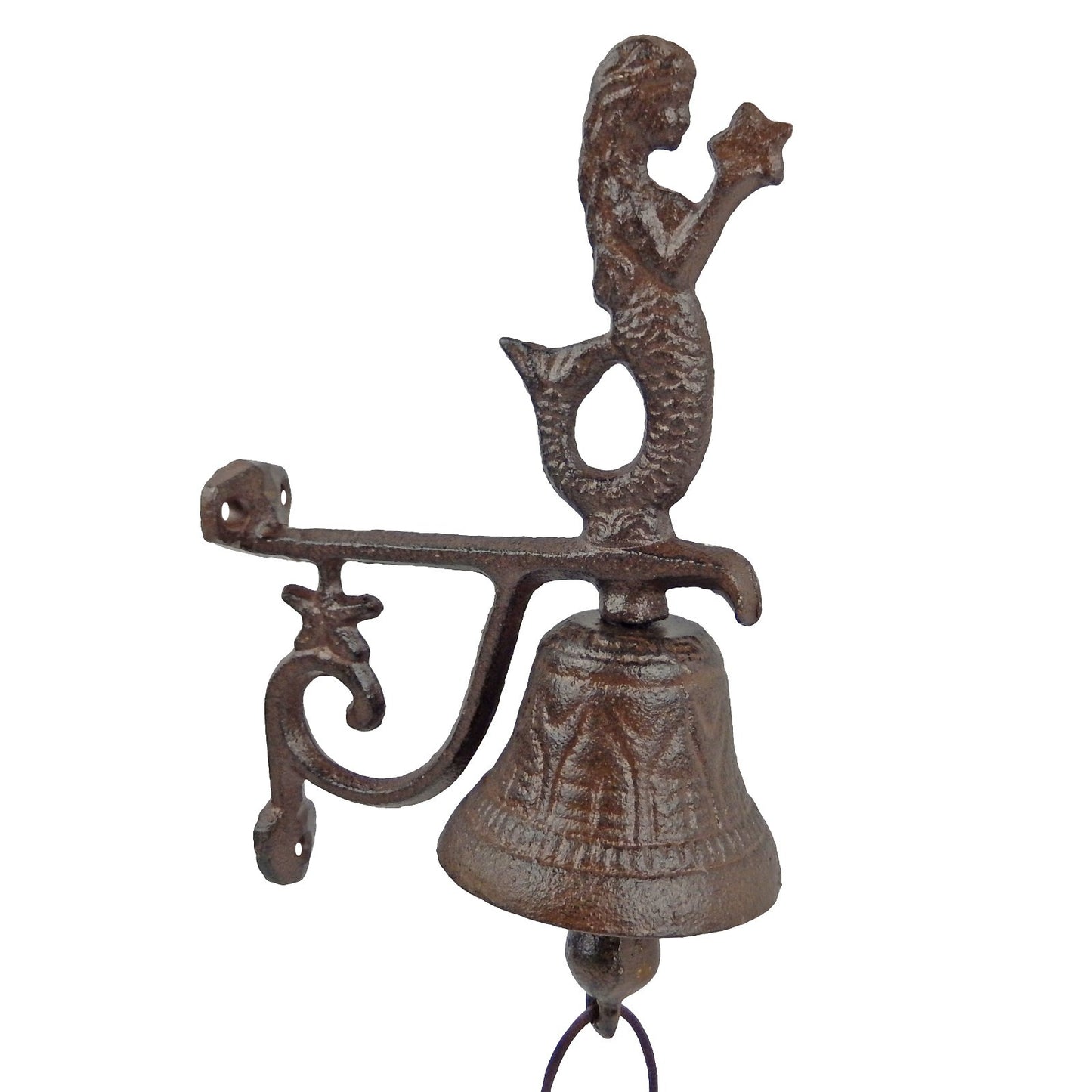 Small Nautical Cast Iron Mermaid Starfish Bell Wall Mounted Antique Style Brown