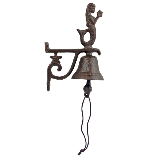 Small Nautical Cast Iron Mermaid Starfish Bell Wall Mounted Antique Style Brown