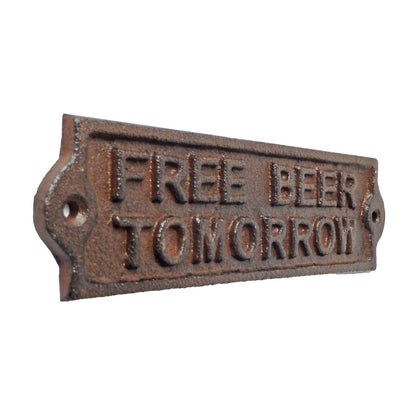 Rustic Brown Cast Iron Free Beer Tomorrow Wall Decor Sign Bar Man Cave 8 inch