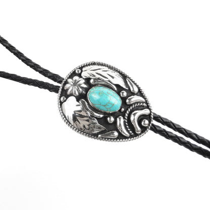 Turquoise Stone Floral Bolo Tie German Silver 36 inch Black Cord Made in USA
