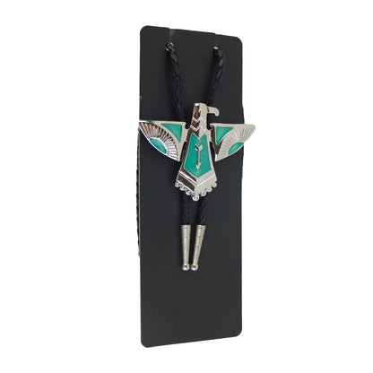Thunderbird Eagle Bolo Tie Silver Plated Blue Enamel 36 inch Black Cord USA Made