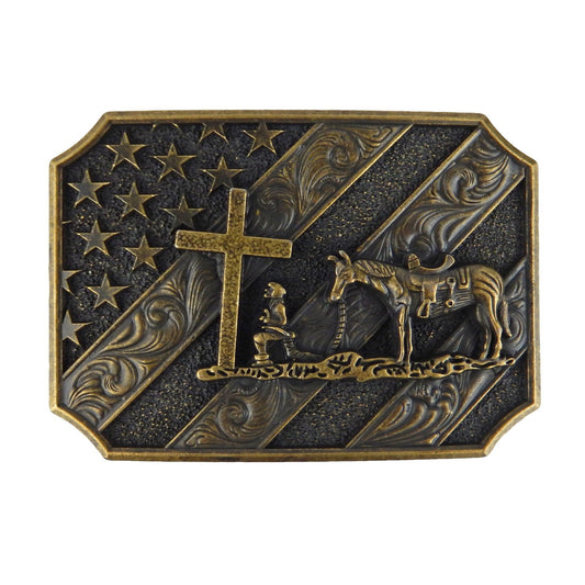 Kneeling Praying Cowboy Star Cross Belt Buckle Antique Bronze Fits 1.5 inch Belt
