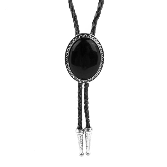 Oval Black Onyx Natural Stone Bolo Tie Silver Color 40 inch Black Leather Cord