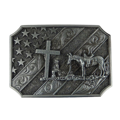 Kneeling Praying Cowboy Star Cross Belt Buckle Antique Silver Fits 1.5 inch Belt