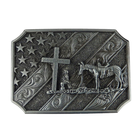 Kneeling Praying Cowboy Star Cross Belt Buckle Antique Silver Fits 1.5 inch Belt