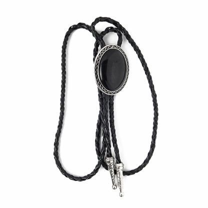 Oval Black Onyx Natural Stone Bolo Tie Silver Color 40 inch Black Leather Cord