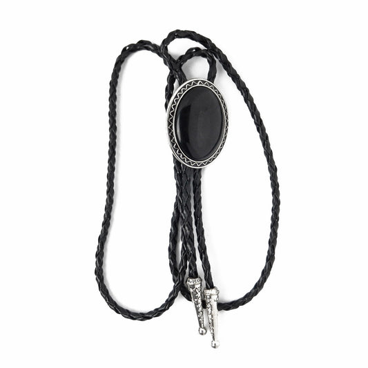 Oval Black Onyx Natural Stone Bolo Tie Silver Color 40 inch Black Leather Cord
