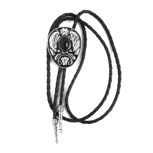 Onyx Stone Feather Floral Bolo Tie Silver Color Adjustable 40 inch Leather Cord
