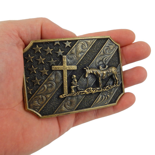 Kneeling Praying Cowboy Star Cross Belt Buckle Antique Bronze Fits 1.5 inch Belt