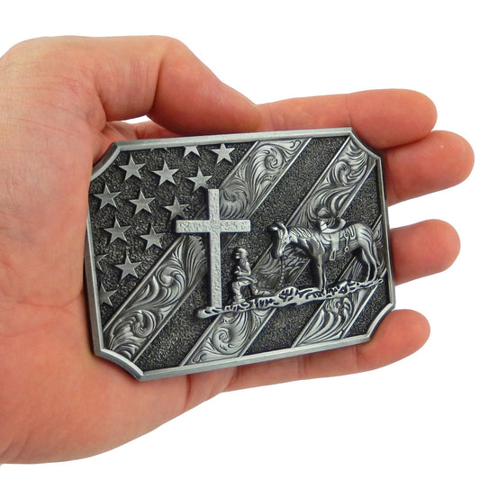 Kneeling Praying Cowboy Star Cross Belt Buckle Antique Silver Fits 1.5 inch Belt