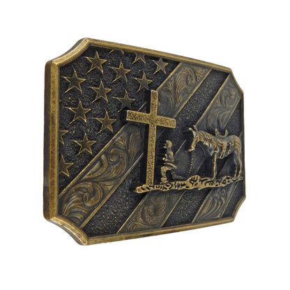 Kneeling Praying Cowboy Star Cross Belt Buckle Antique Bronze Fits 1.5 inch Belt