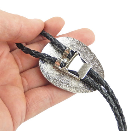 Oval Black Onyx Natural Stone Bolo Tie Silver Color 40 inch Black Leather Cord