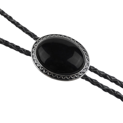 Oval Black Onyx Natural Stone Bolo Tie Silver Color 40 inch Black Leather Cord