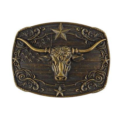 American Flag Longhorn Steer Star Belt Buckle Antique Bronze Fits 1.5 inch Belts