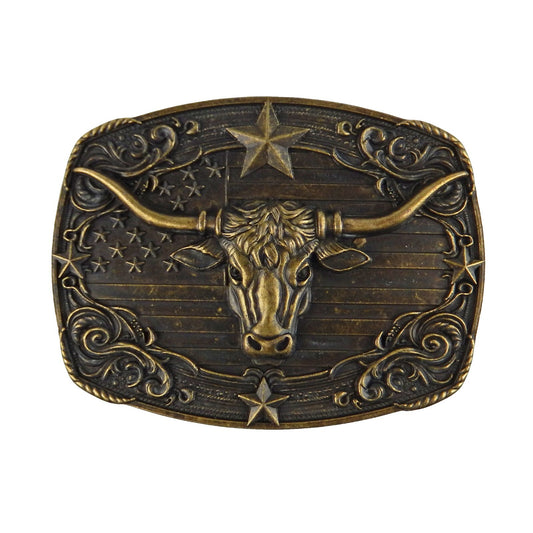 American Flag Longhorn Steer Star Belt Buckle Antique Bronze Fits 1.5 inch Belts