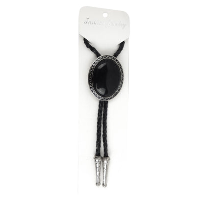 Oval Black Onyx Natural Stone Bolo Tie Silver Color 40 inch Black Leather Cord