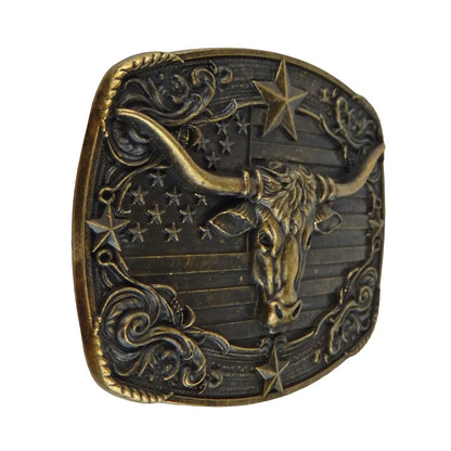 American Flag Longhorn Steer Star Belt Buckle Antique Bronze Fits 1.5 inch Belts