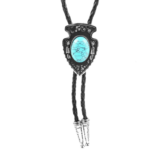 Arrowhead Oval Turquoise Stone Bolo Tie Silver Color 40 in Black Leather Cord