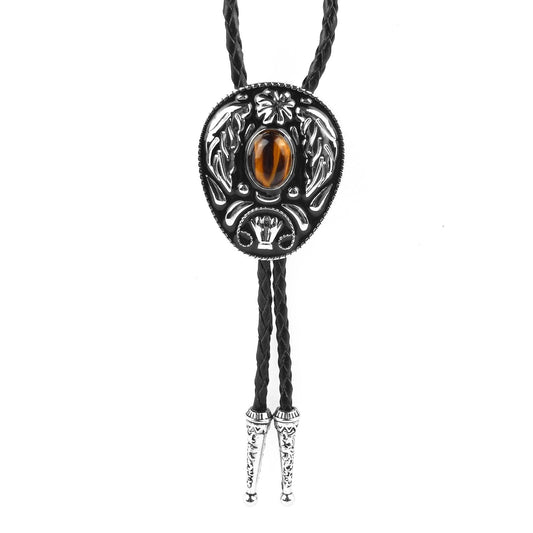 Oval Tiger's Eye Stone Feather Bolo Tie Silver Color 40 inch Black Leather Cord