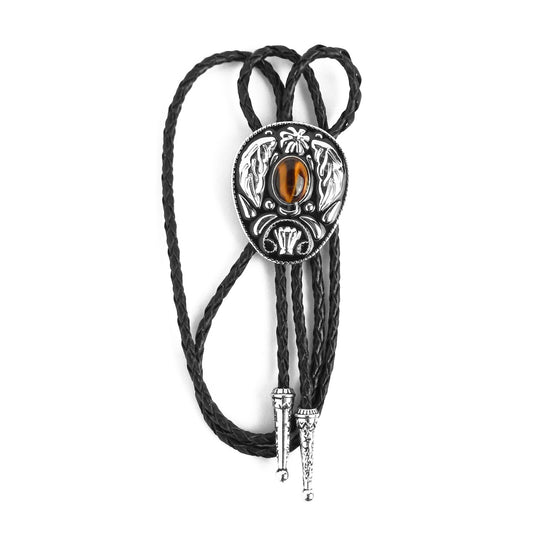 Oval Tiger's Eye Stone Feather Bolo Tie Silver Color 40 inch Black Leather Cord