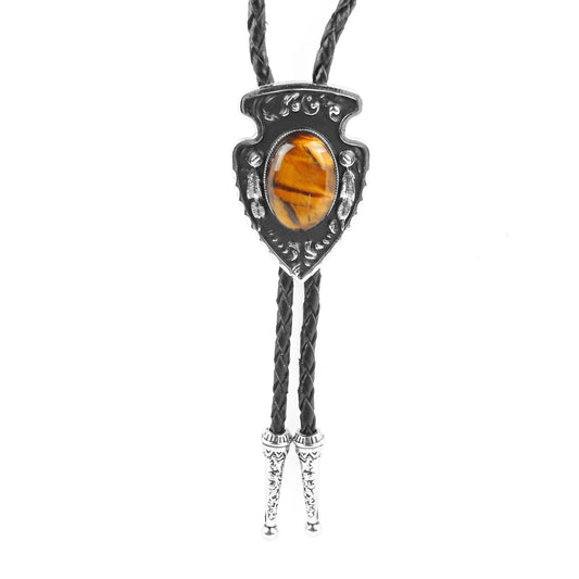 Arrowhead Oval Tiger's Eye Stone Bolo Tie Silver Color 40 in Black Leather Cord