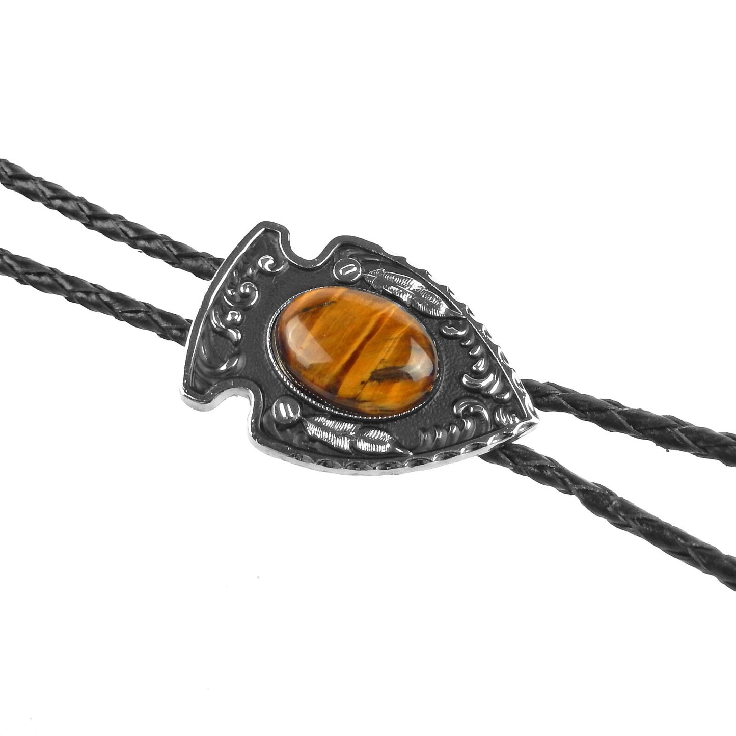 Arrowhead Oval Tiger's Eye Stone Bolo Tie Silver Color 40 in Black Leather Cord