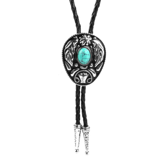 Oval Turquoise Stone Feather Bolo Tie Silver Color 40 inch Black Leather Cord