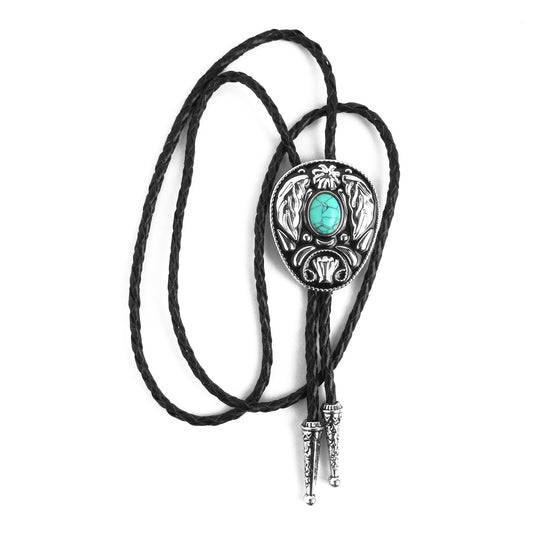 Oval Turquoise Stone Feather Bolo Tie Silver Color 40 inch Black Leather Cord