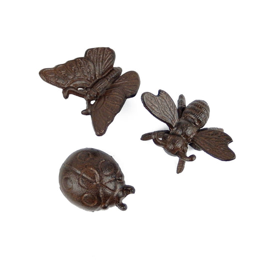 Set of 3 Cast Iron Bugs Figurines Garden Insects Ladybug Bee Butterfly Brown