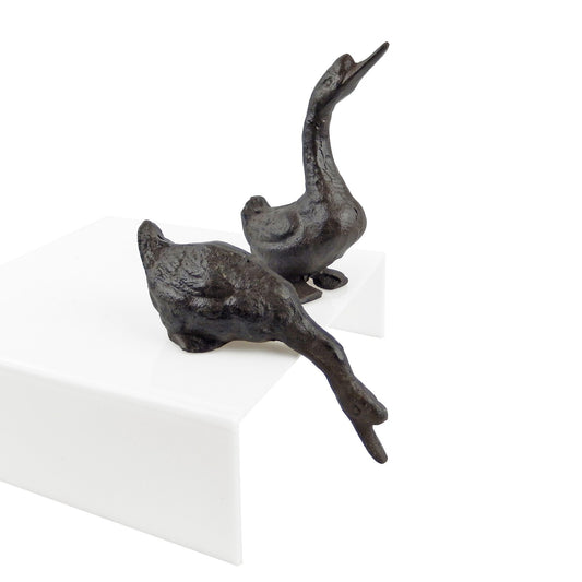 Set of 2 Cast Iron Geese Figurines Statues Garden Pond Decor Rustic Brown 6 inch