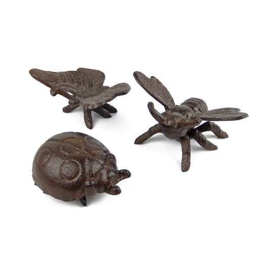 Set of 3 Cast Iron Bugs Figurines Garden Insects Ladybug Bee Butterfly Brown