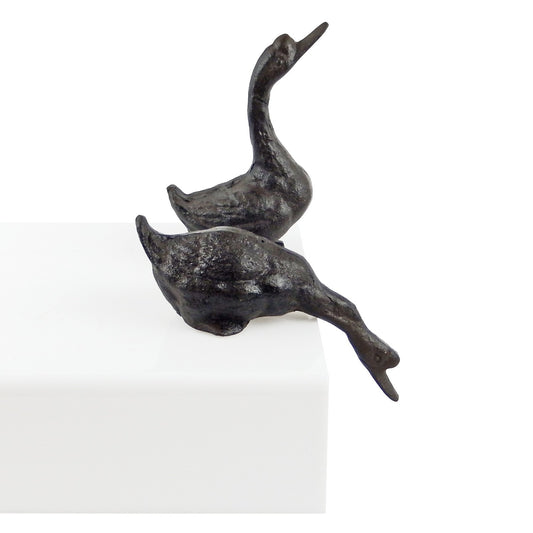 Set of 2 Cast Iron Geese Figurines Statues Garden Pond Decor Rustic Brown 6 inch