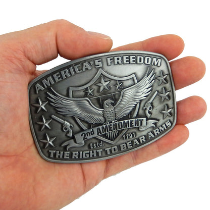 America's Freedom Belt Buckle 2nd Amendment Antique Silver Eagle Shield Stars