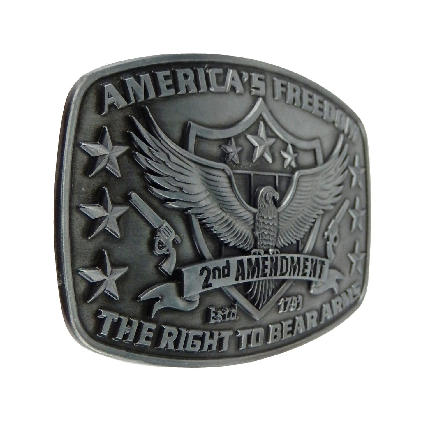 America's Freedom Belt Buckle 2nd Amendment Antique Silver Eagle Shield Stars