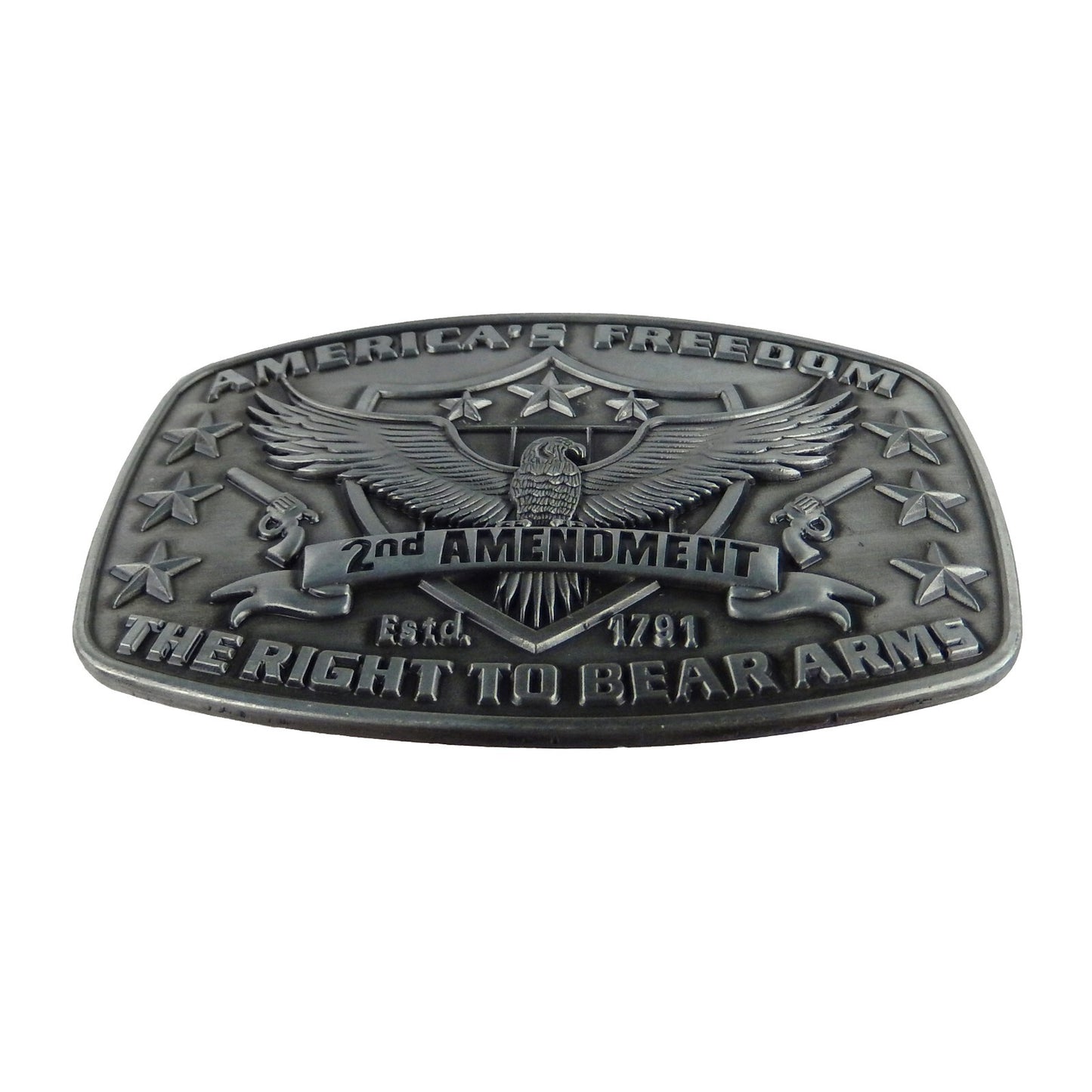 America's Freedom Belt Buckle 2nd Amendment Antique Silver Eagle Shield Stars