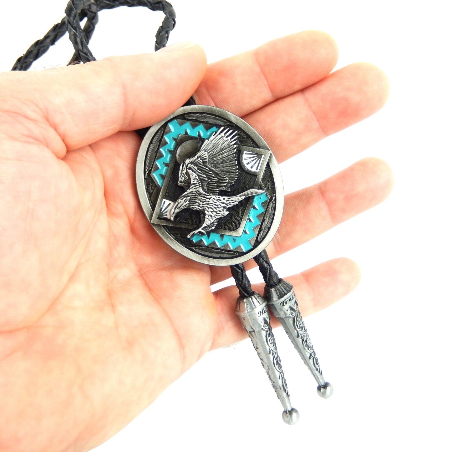 Southwestern Aztec Eagle Turquoise Geometric Bolo Tie 40 inch Black Leather Cord